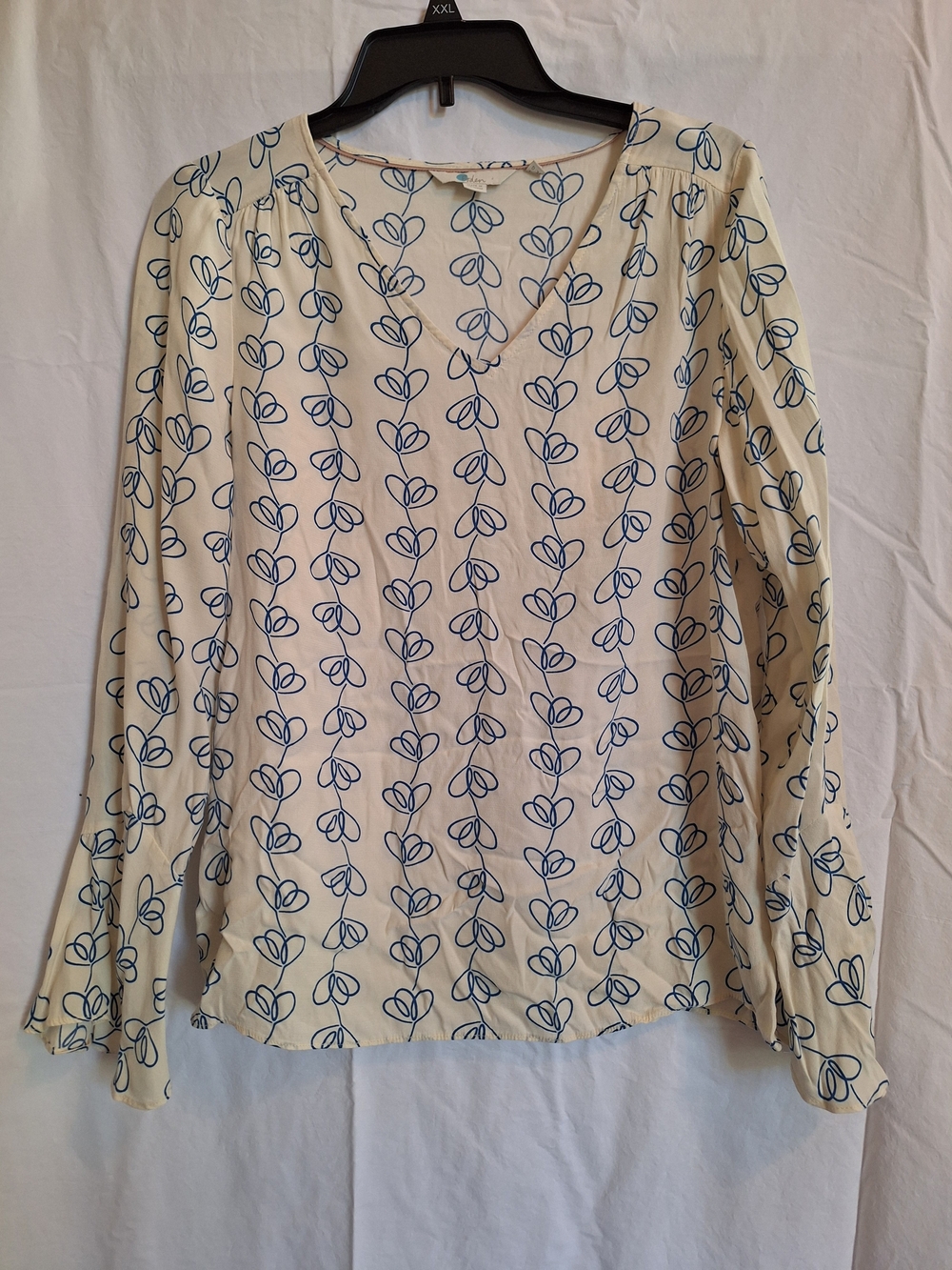 Boden Womens Pullover Top Cream Blue Print Long Bell Sleeve V-Neck US Sz 6